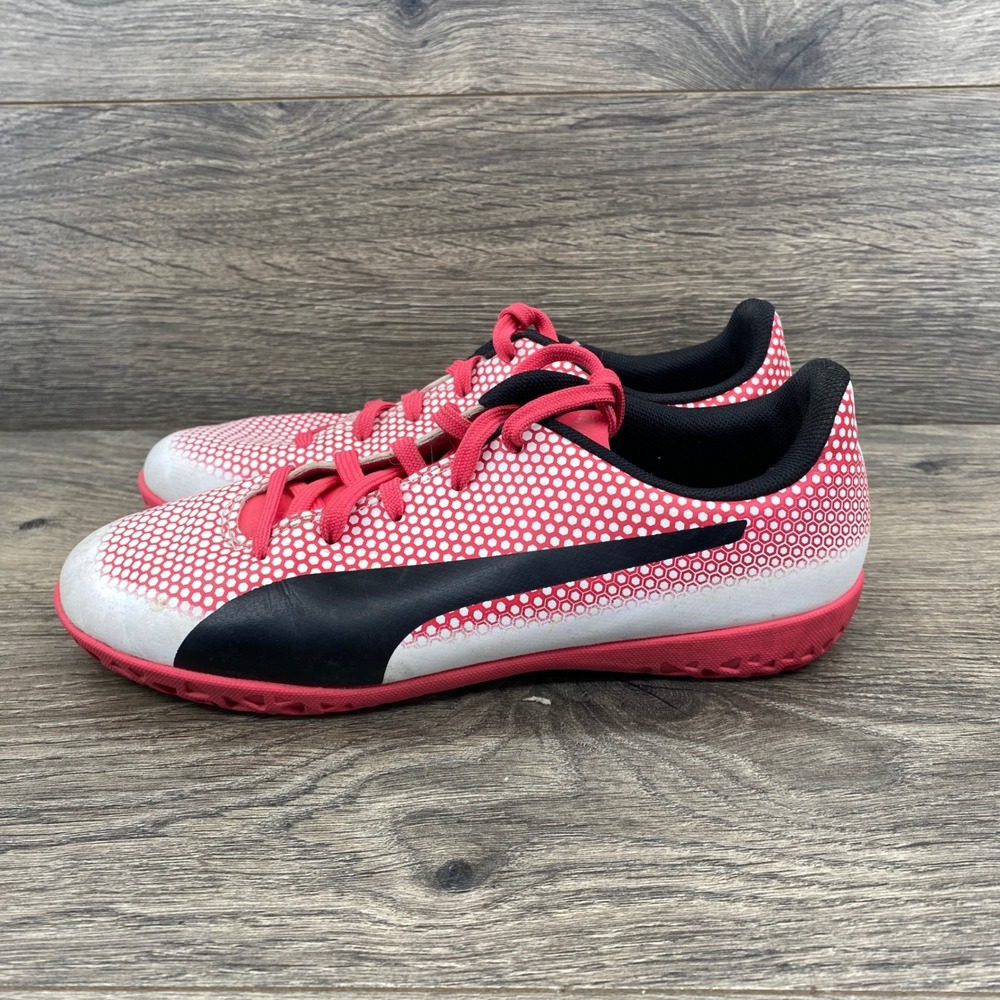 Puma Indoor Soccer Shoes Kids Size 4C Red White Honeycomb Dot Athletic Sneakers